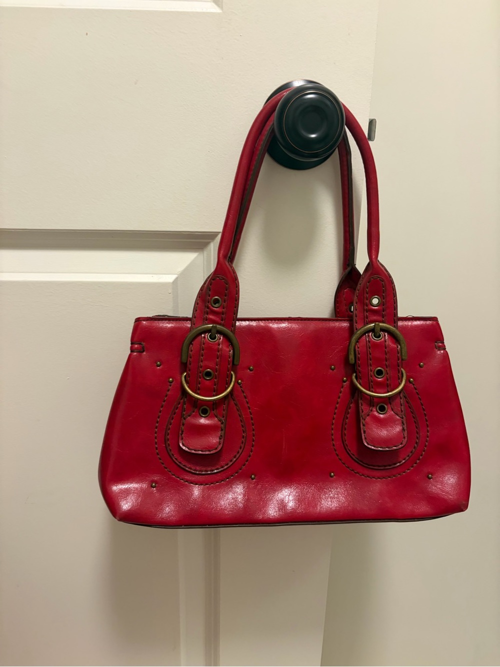 Aldo Red Leather Shoulder Bag with Brass Buckle Accents